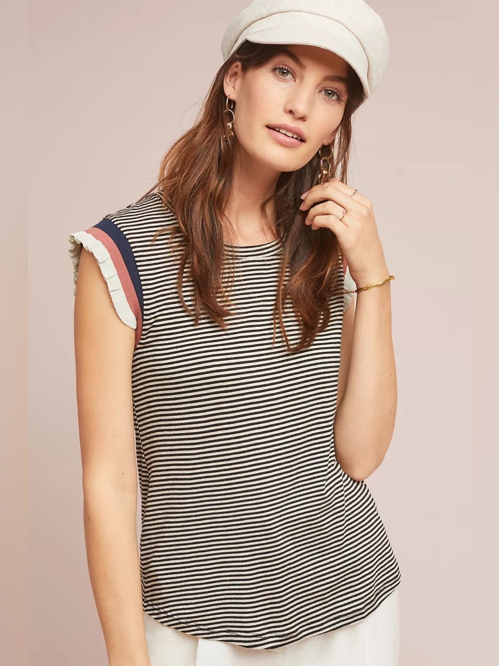 Anthropologie dolan Black & White Striped Ruffle-Sleeve Tank